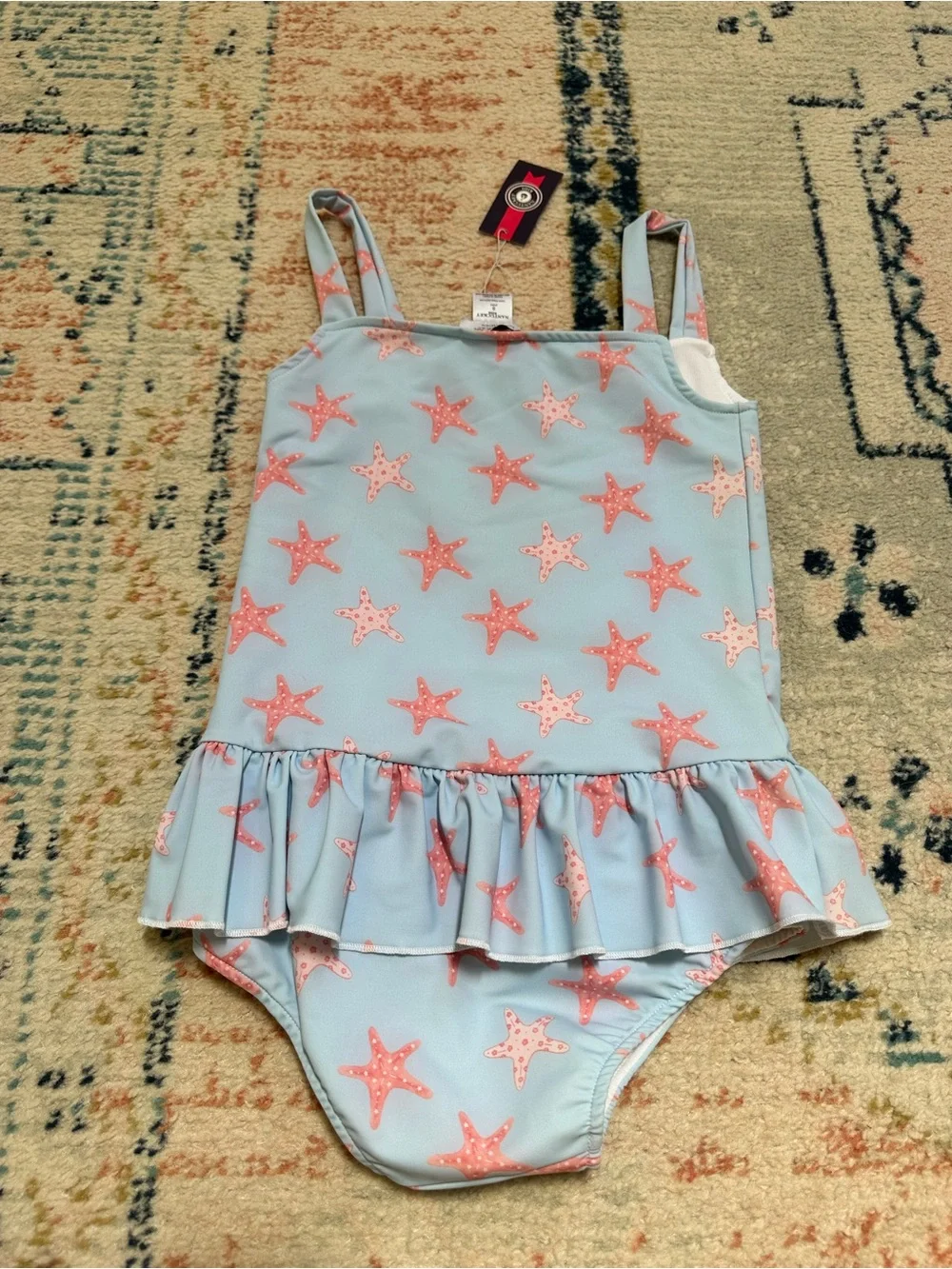 NWT Nantucket Kids Girls Light Blue One-Piece Swimsuit with Pink Starfish Ruffle
